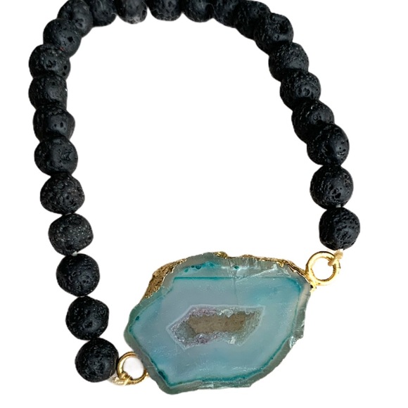 Blue Geode Slice Bracelet with Black Lava Beads Handmade Original - Picture 2 of 5